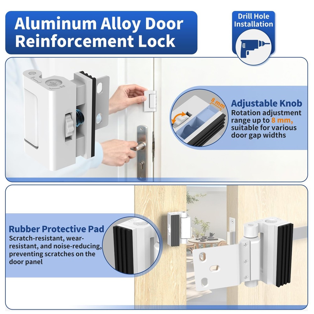 SecureLatch Home Door Reinforcement Lock, 800lbs Force-Resistant White-2PCS