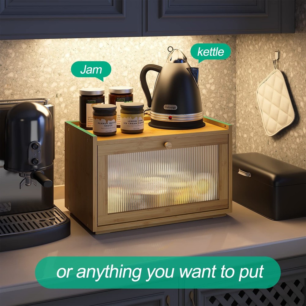 Large Bread Box for Kitchen Counter, Bamboo Bread Storage Container with Wavy...