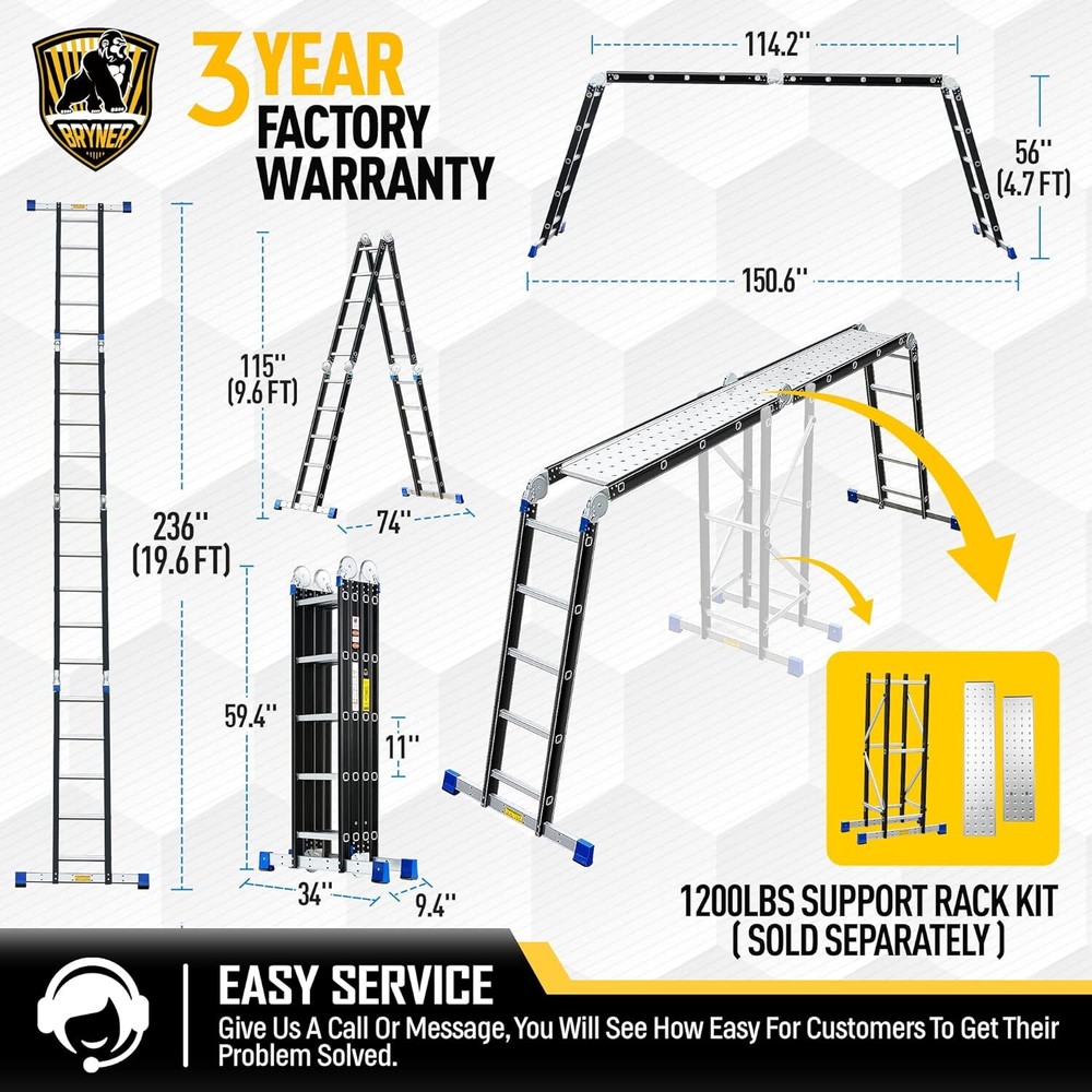 Bryner Folding Step Ladder,19.6ft ,7in1 Multi-Purpose Folding Extension Ladders