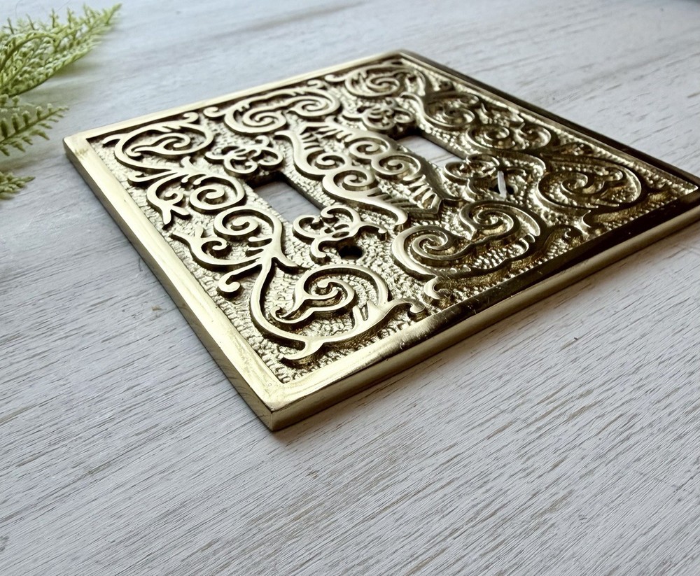 Gold Polished Double Toggle Plate Light Switch Cover Raised Scroll Design VTG