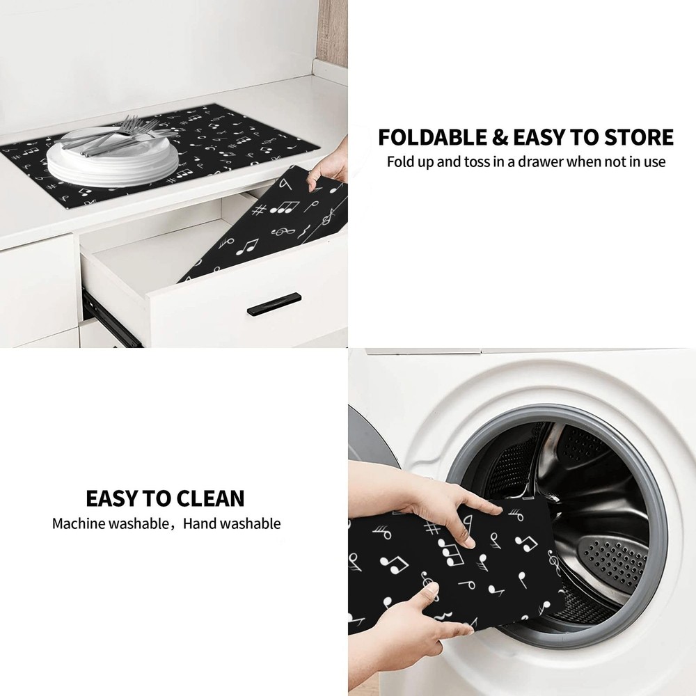 Musical Kitchen Drying Mat Music Notes 18x24 Inch Black Microfiber Drainer