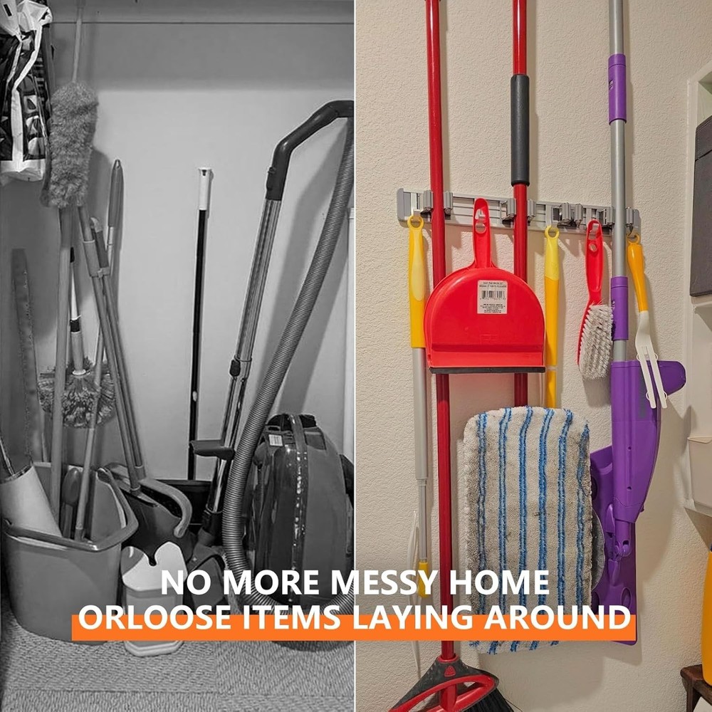 Effortless One-Hand Lock Broom Holder - Wall Mount Storage Solution in Silver