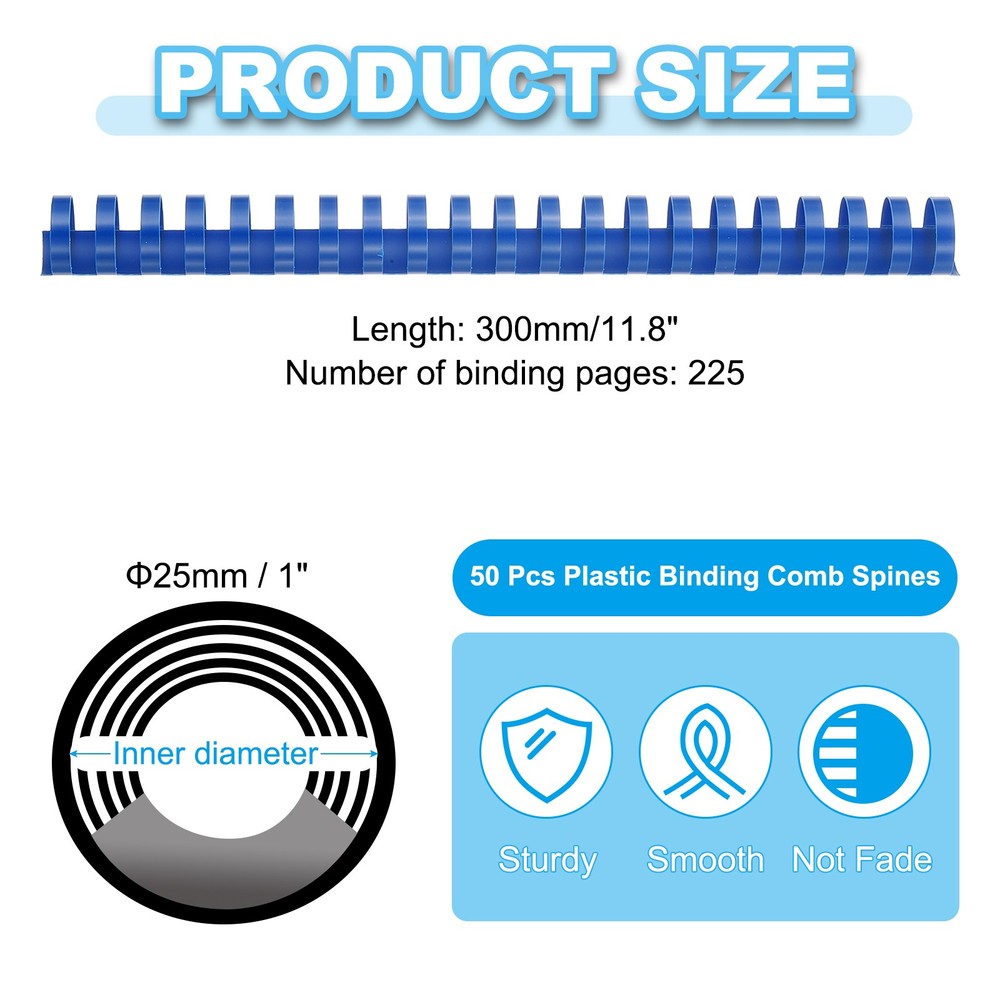 50 Pcs 25mm (1") Plastic Binding Combs 225 Sheet Capacity 21 Rings, Blue