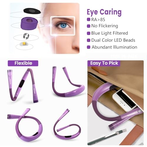 Book Light, 3-Color & 6-Brightness Reading Light, Bendable Neck Medium Purple