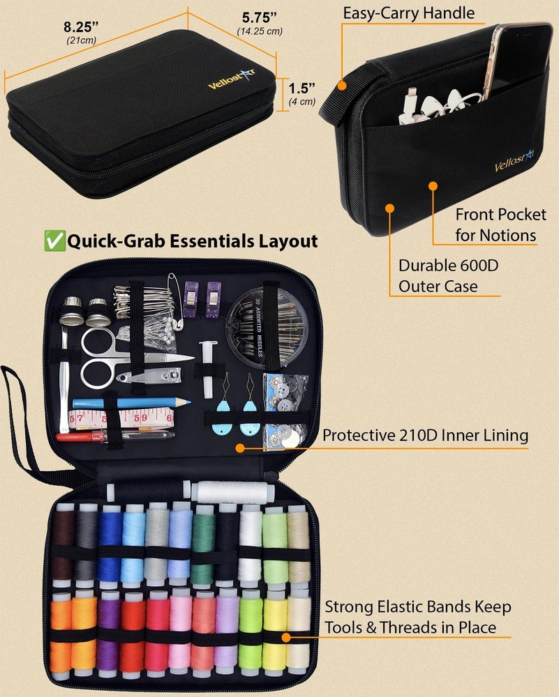 Vellostar Sewing Kit for Adults & Medium (24 Threads), Standard Black