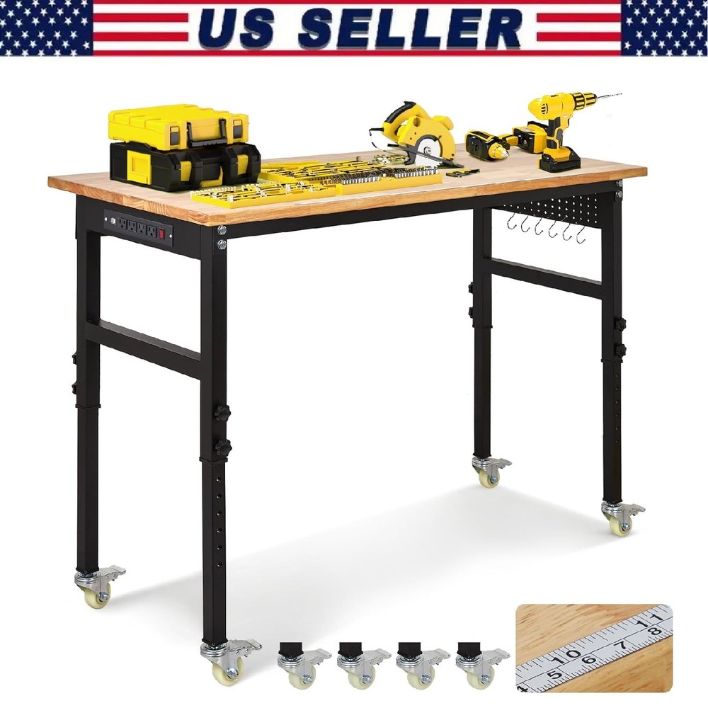 48" Adjustable Workbench 2000Lbs Work Bench Garage w/ Pegboard & Power Outlets