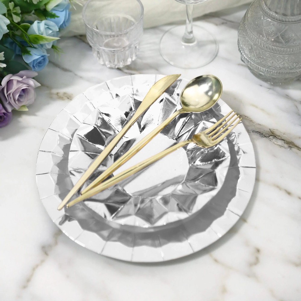 25 SILVER 9" Metallic Round Paper Salad Dinner Plates Geometric Design Tableware