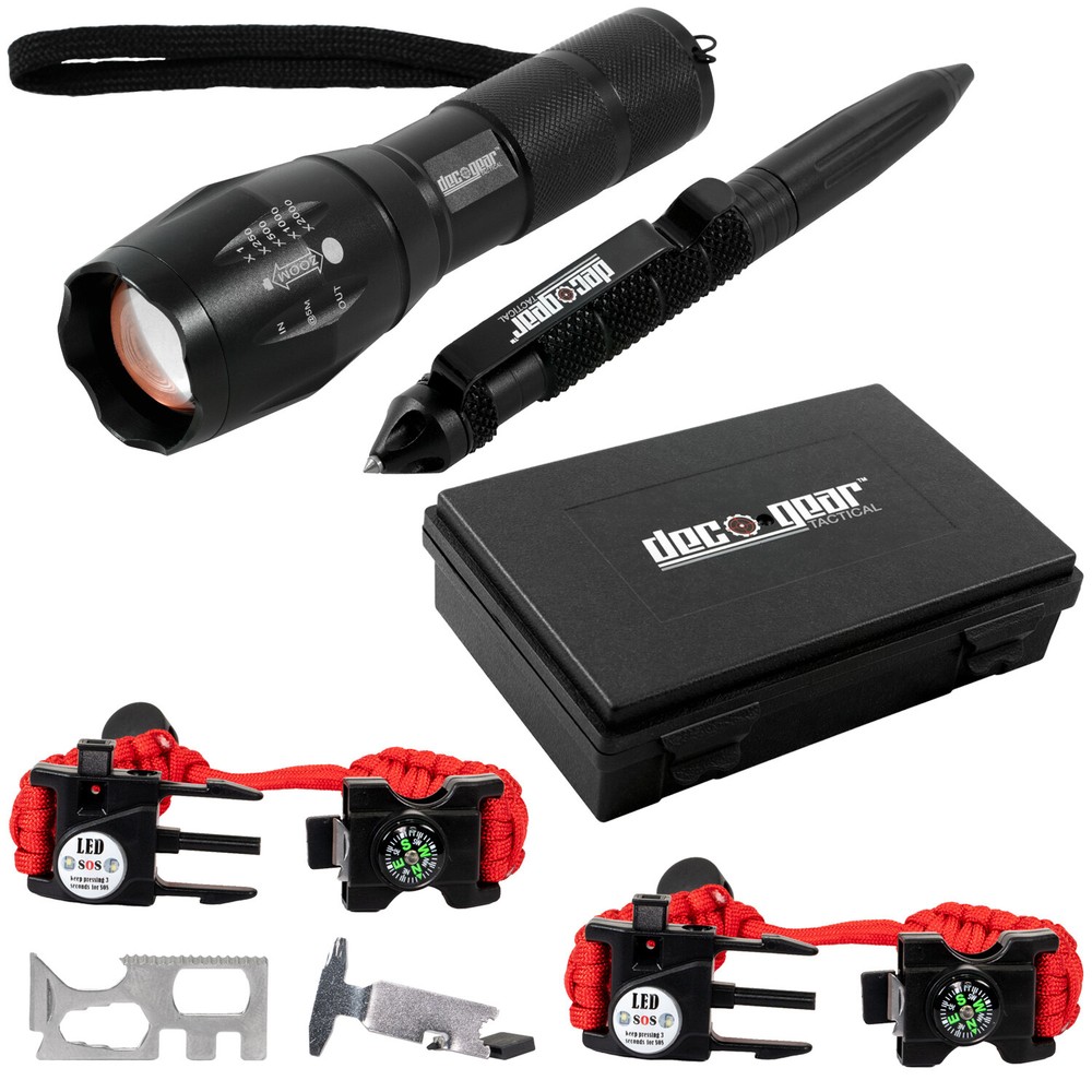 Deco Gear Tactical Flashlight and Pen Set + 2-Pack Survival Bracelet Gift Bundle
