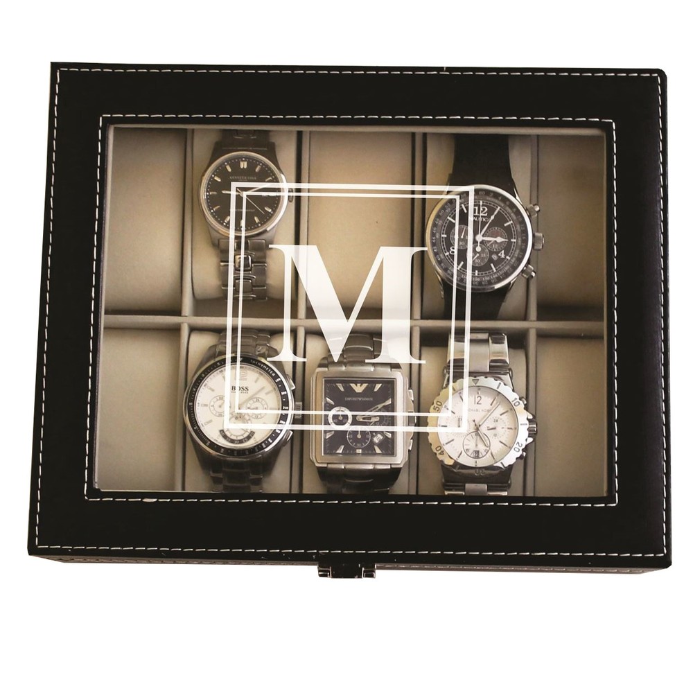Personalized Black Watch Storage Box with Initial