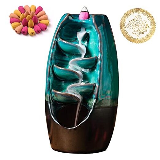 Ceramic Incense Burner with 100 Upgraded Cones, Waterfall Backflow Cyan