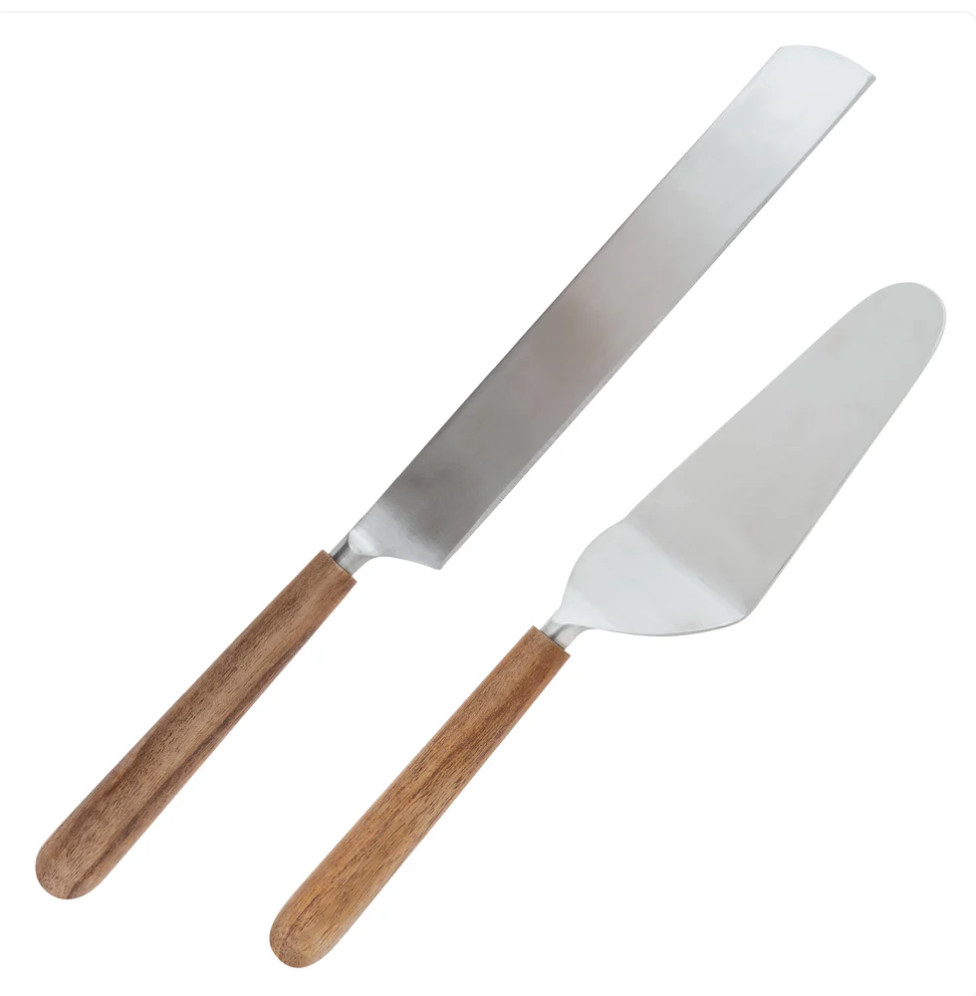 Karma Cake Knife and Server Set wooden handle brushed silver