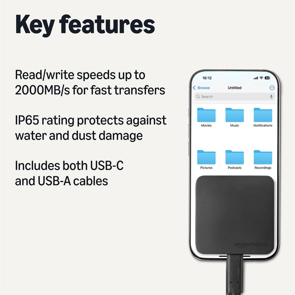 Amazon Basics Portable External SSD, 2TB, 2000MB/s Speeds, USB 3.2 Gen 2, IP6...