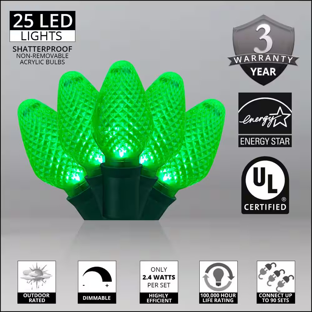 Superbright 16 Ft. 25-Light LED Green C7 String Light Set