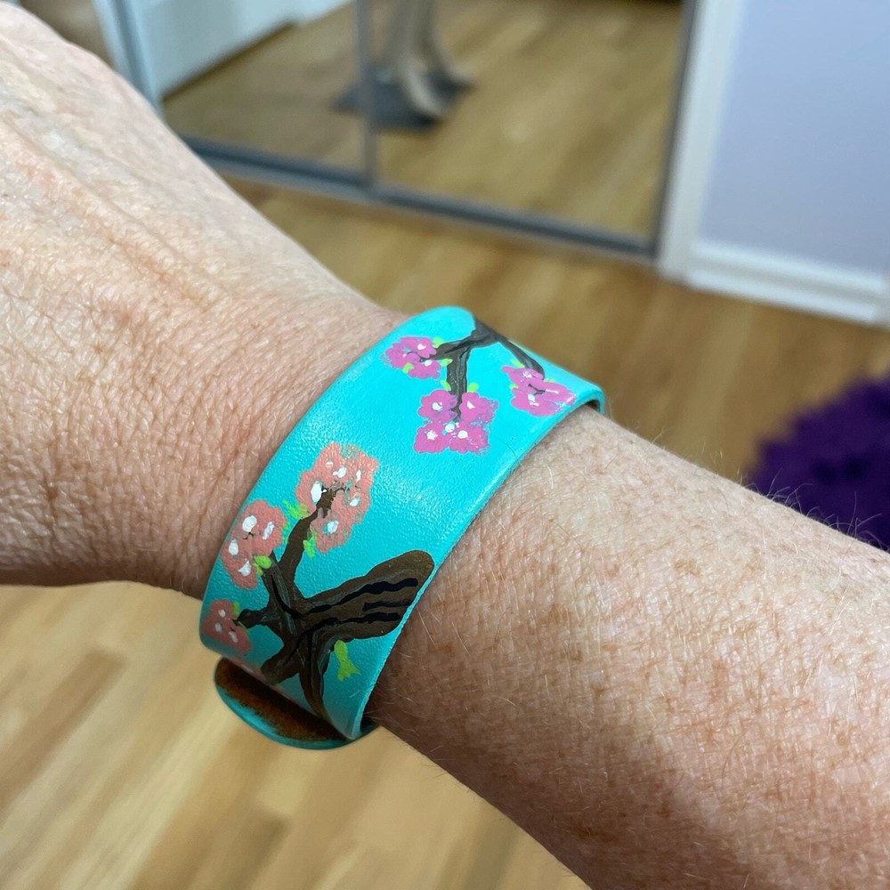 Hand painted leather adjustable bracelet cherry blossoms