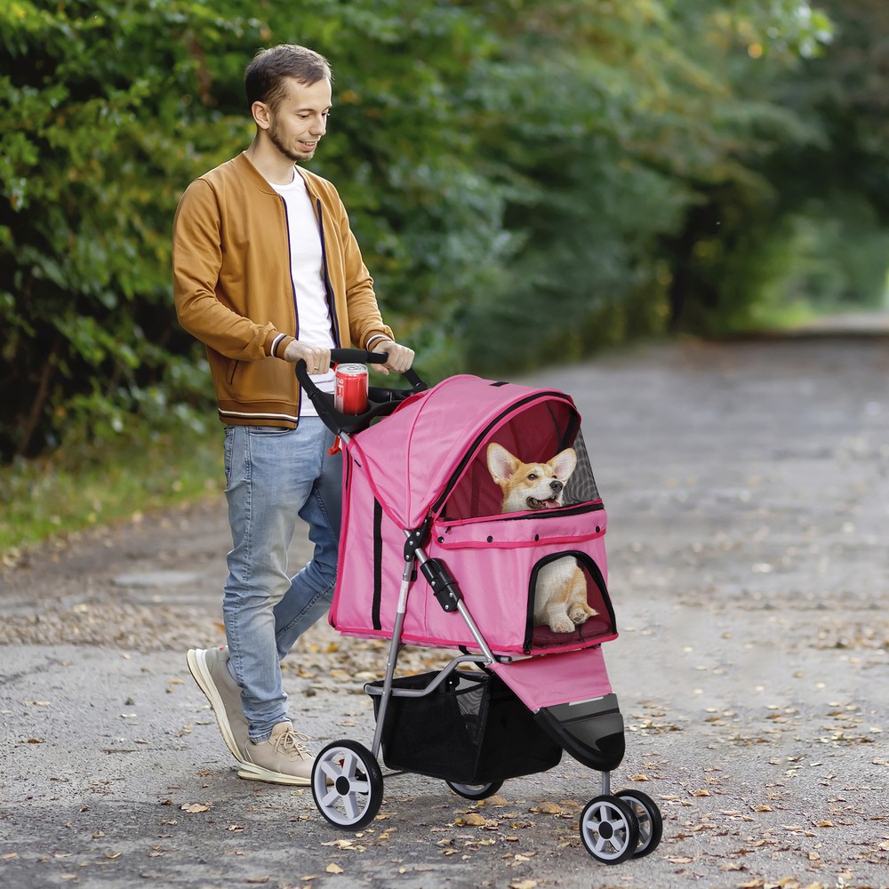Dog Stroller 3 Wheels Foldable Pet Stroller w/Storage Basket & Cup Holder Pink