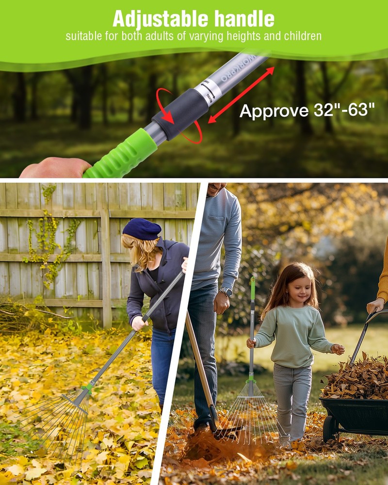 WORKPRO Leaf Rake for Gardening Adjustable Long Handle 32”- 63” Heavy Duty Rakes