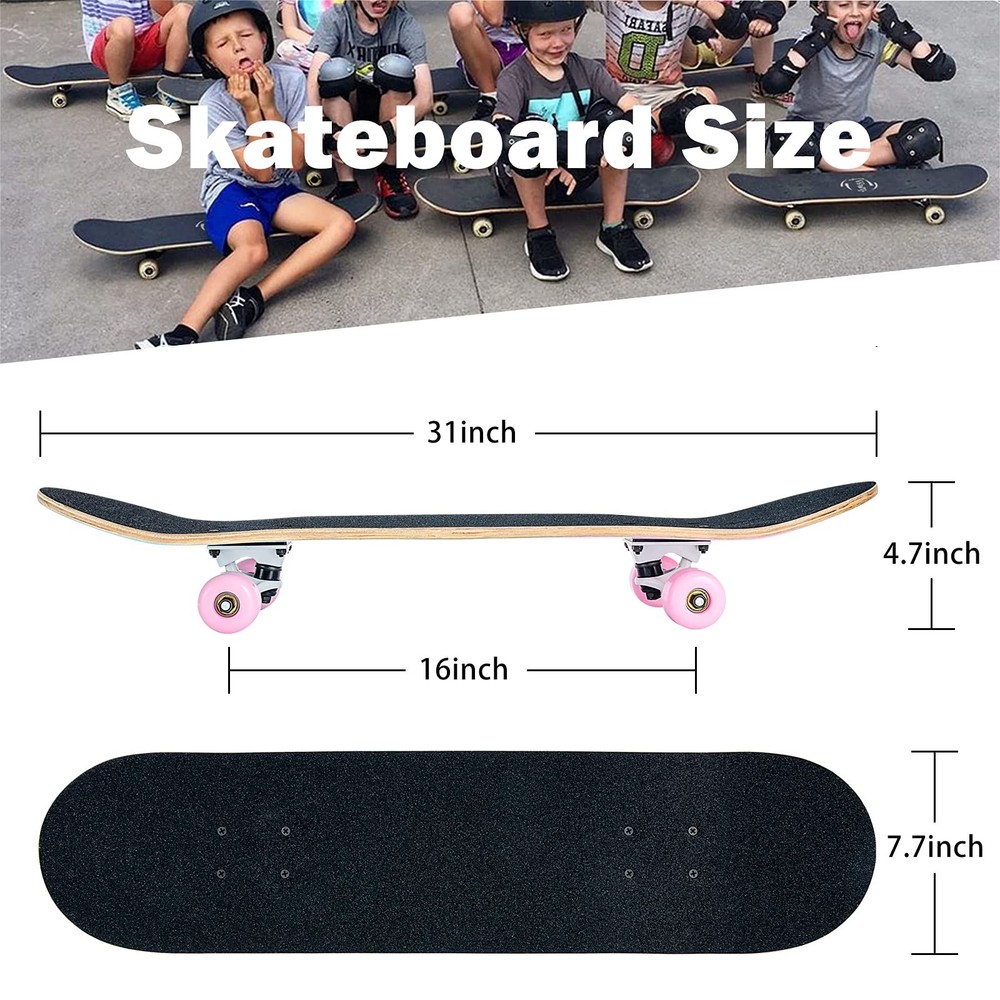 Skateboard,31 x 8 Inch Complete Skateboard, 8-Layer Maple Wood Deck Double