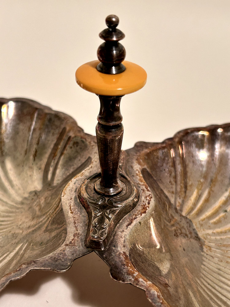 Vintage Silver Plated Double Shell Candy Dish w/ Bakelite Trim Handle