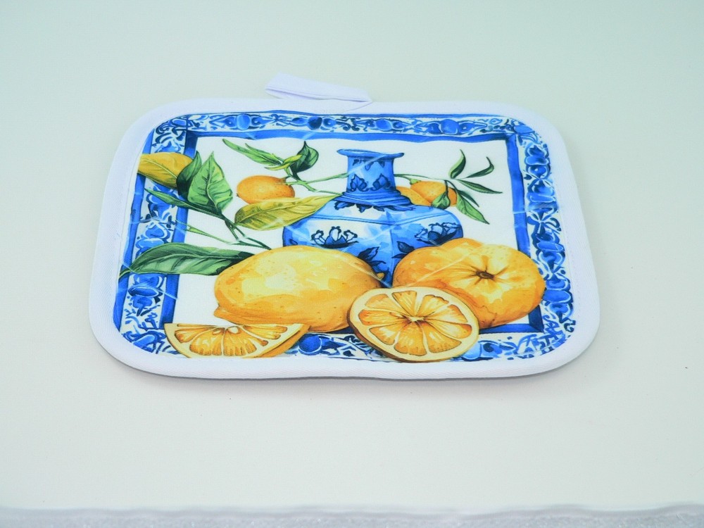 Handmade Mediterranean Lemon Quilted Potholder | 7x7 Kitchen Trivet Decor