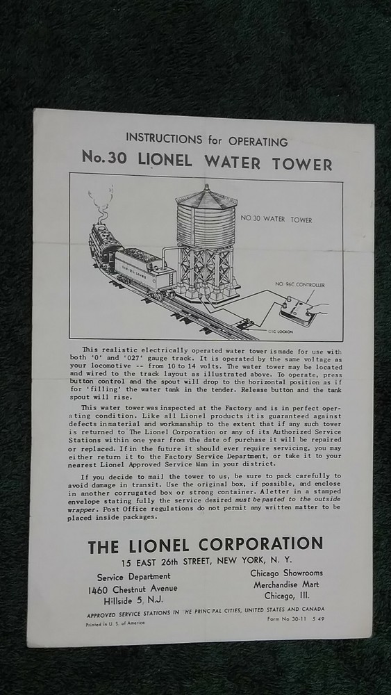 LIONEL # 30 WATER TOWER INSTRUCTIONS ORIGINAL