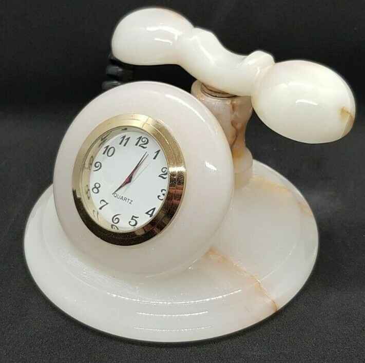 WHITE ONYX HANDCRAFTED, TELEPHONE STYLE CLOCK, 3"