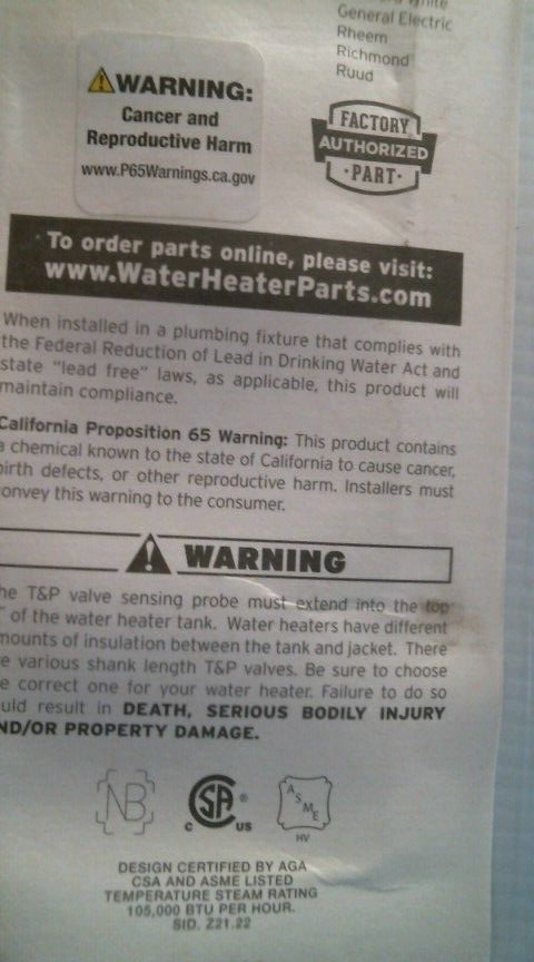 Reliance T & P Valve 5/8" Shank (100108280) FS