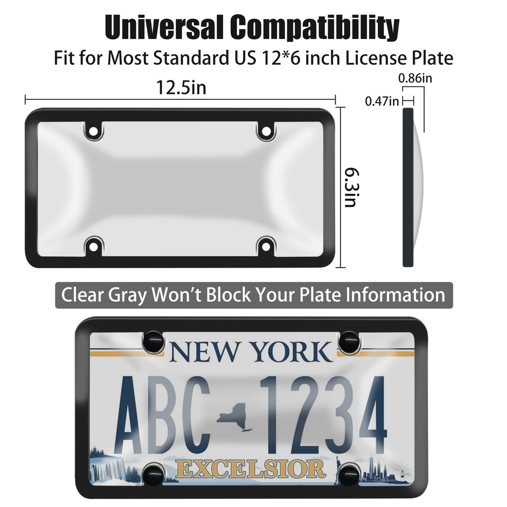 2Pcs Unbreakable License Plate Covers+Frames Auto Tag Shield Protector Gray