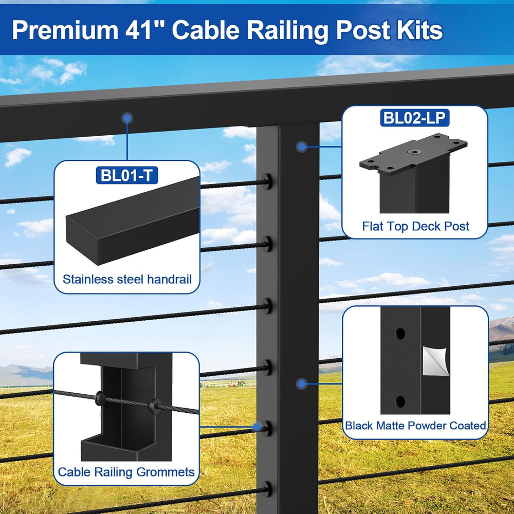 42" Black Cable Railing Post Kit, 8FT-12FT, 160FT Stainless Steel Cable