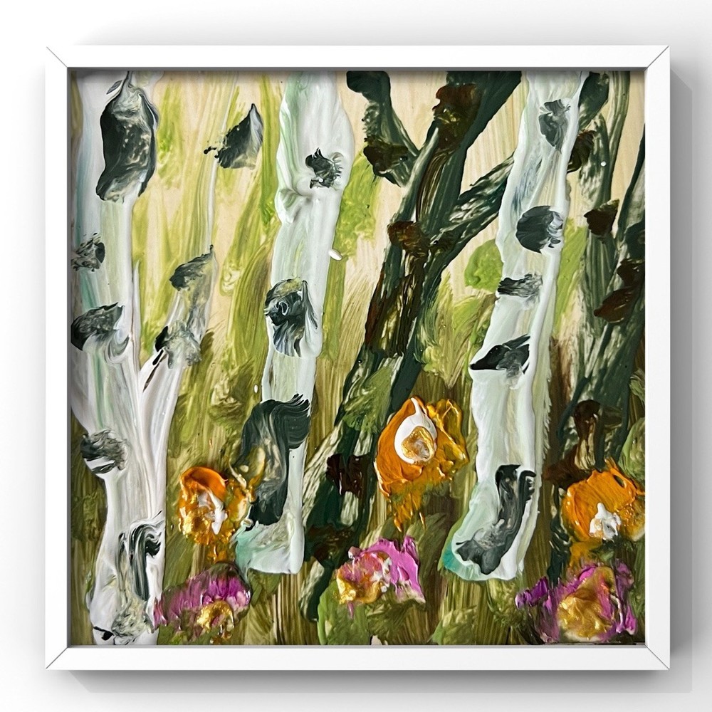 Blooming Spring Flowers Original Artwork Impressionist Birch Trees Grove Forest