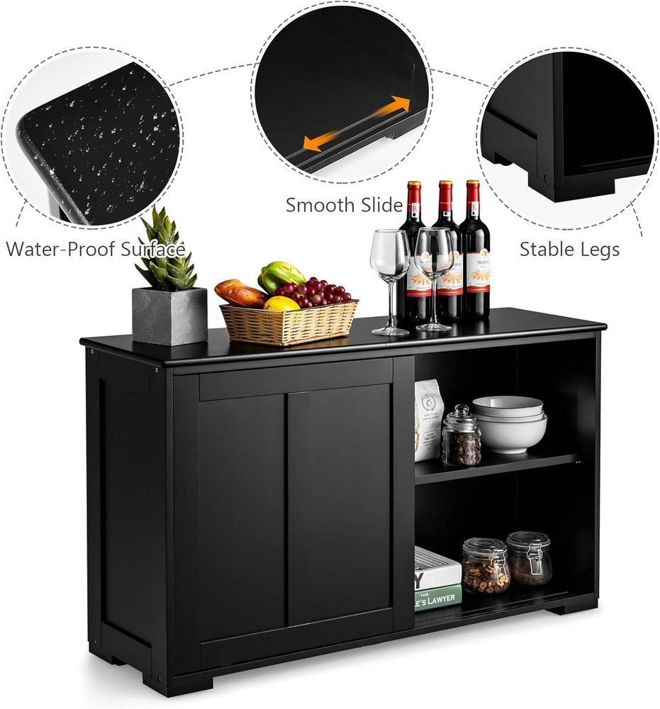 Black Kitchen Buffet Cabinet with Sliding Door & Adjustable Shelf