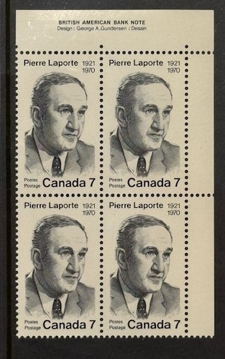 Canada #558 PL BL UR Pierre Laporte 7¢ MNH