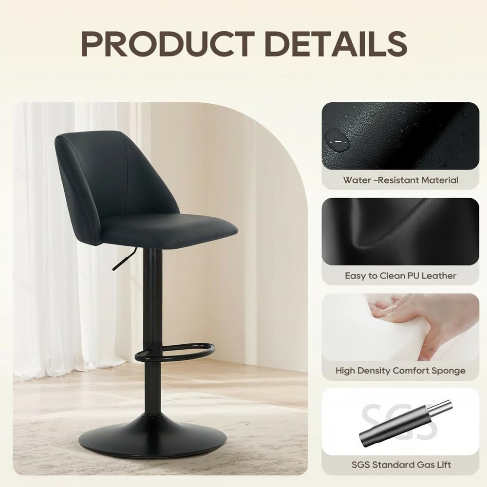 Adjustable Bar Stools, Modern PU Leather Bar Chairs with Curved Mid-Back, 360...