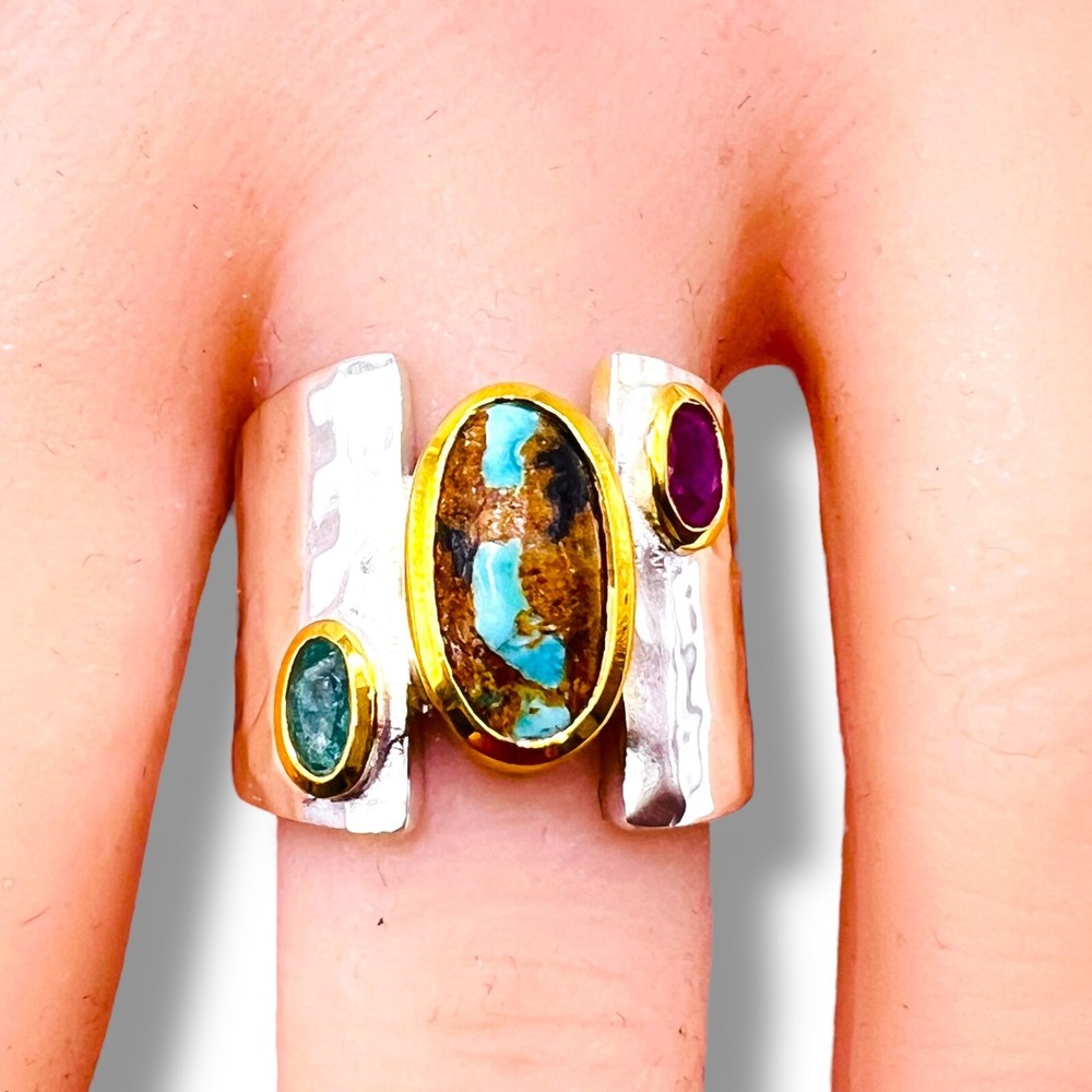 Two Tone Sterling Silver Blue Turquoise Emerald Ruby Ring Handmade -6500