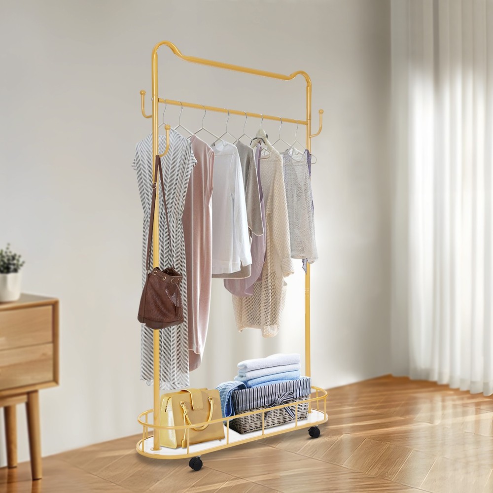 Multi-Functional Movable Clothes Rack Garment Stand w/ Storage Basket & Hooks