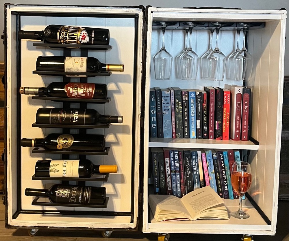 antique trunk/ wine and book shelf