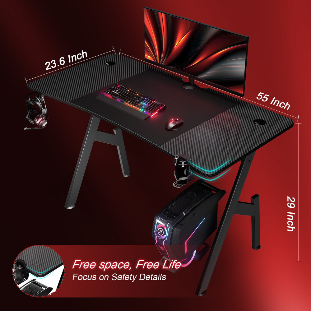55 inch Computer Desk with Headphone Hook & Cup Holder, Ergonomic Gaming Table