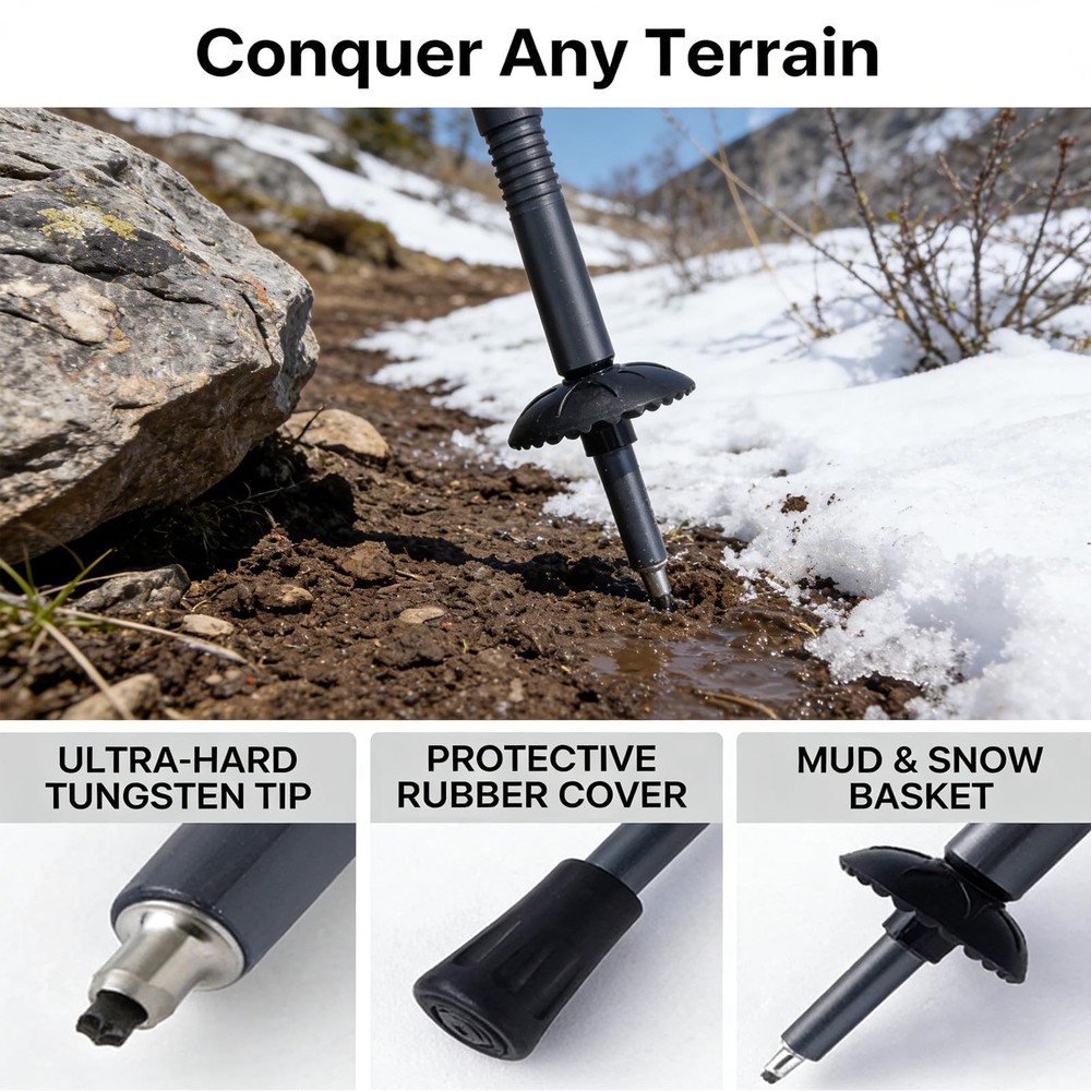 Trekking Pole Tactical Walking Stick, Multifunctional 6-section gray handle