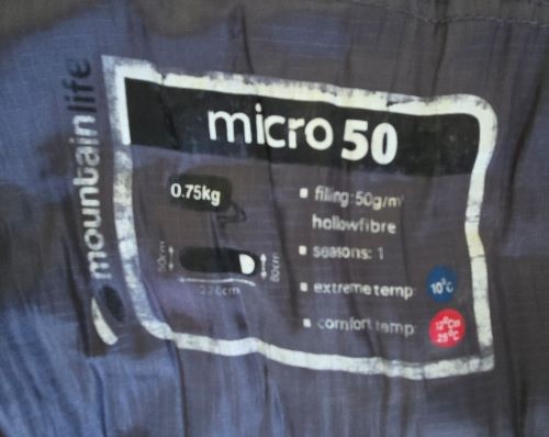 MOUNTAIN LIFE MICRO 50 LIGHTWEIGHT BACKPACKING SLEEPING BAG .75 KG