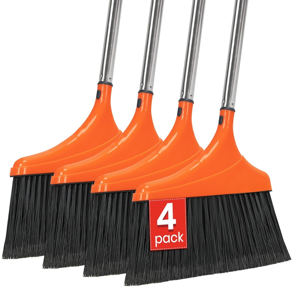 4 Pack Heavy-Duty Angle Broom for Floor Cleaning with 52" Long Handle Stiff B...