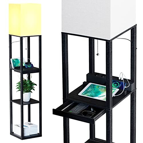 Floor Lamp with Shelves,Modern Dimmable Solid Wood Standing Lamp with 1 Black