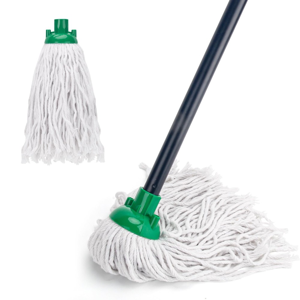 Cotton String Wet Mop 2 Heads Handle Floor Cleaning Replacement Refill Green