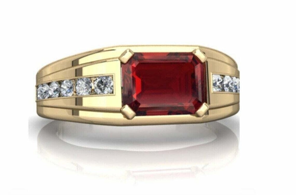 2CT Emerald Cut Lab Created Ruby Men's Engagement Ring 14K Yellow Gold Plated