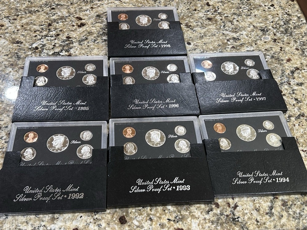 1992-1998 SILVER PROOF SET-COMPLETE RUN-90 % SILVER..7 Silver Sets..