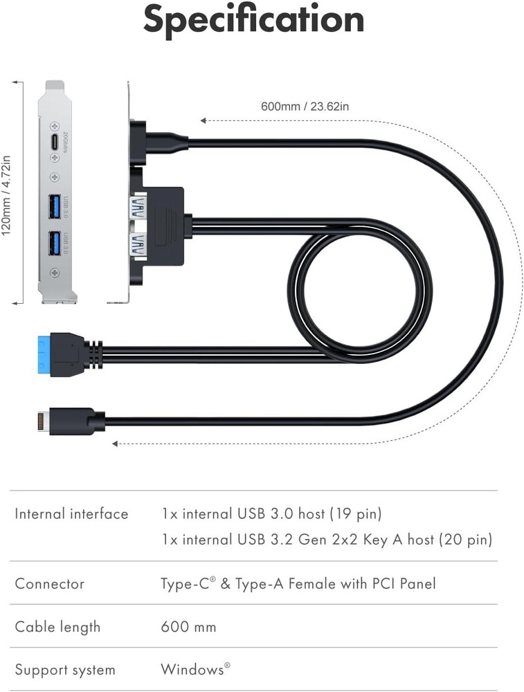 GRAUGEAR 20Gbps USB3.2 Gen2x2 USB-C Front Panel Adapter, Motherboard Silver