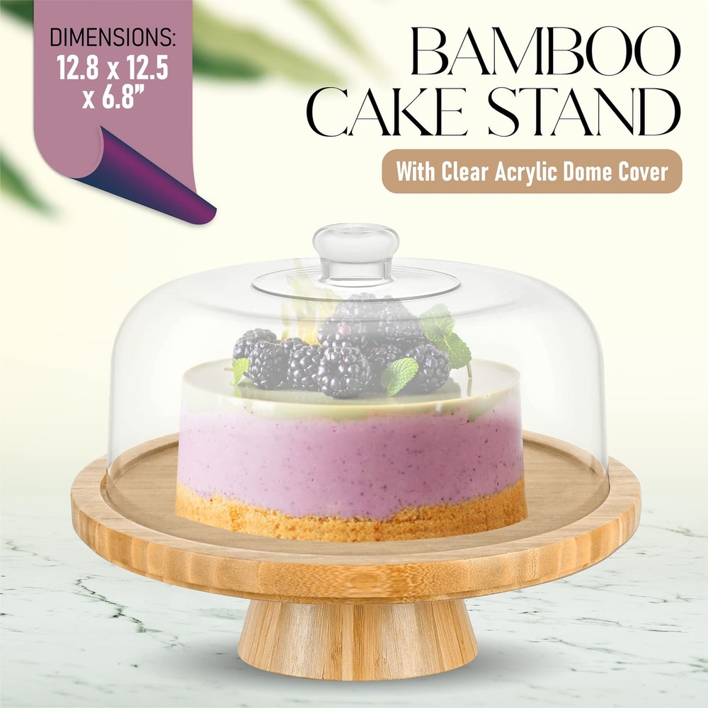 Bamboo Cake Stand With Dome Multi Function 6 In 1 Holder Serving Platter 12"