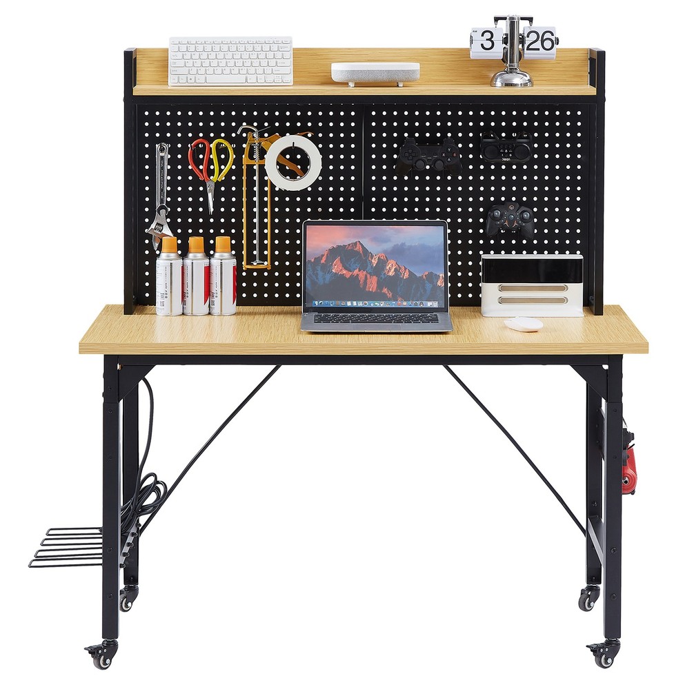 48''Adjustable Workbench w/pegboard,Heavy Duty Wooden Desktop Workbench w/Wheels