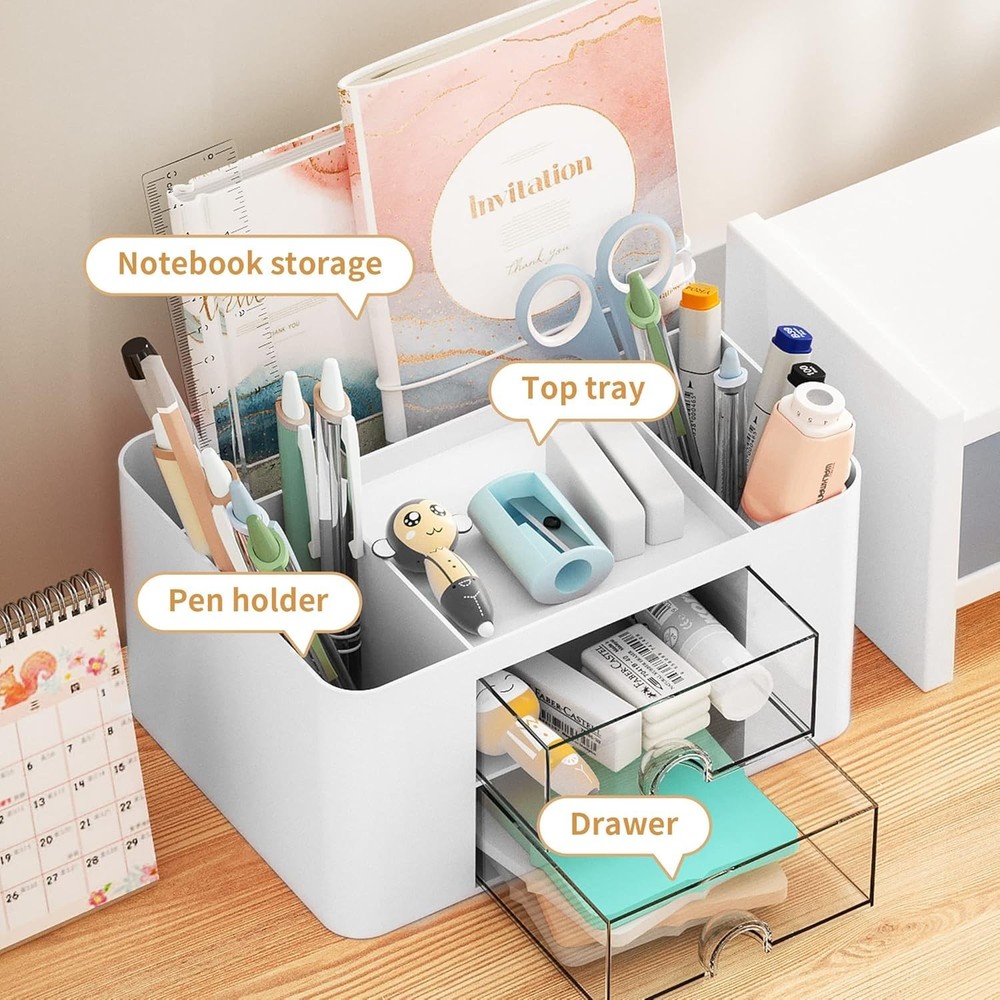 Multi-Functional White Plastic Pen Holder with Drawers for Tidy Workspaces
