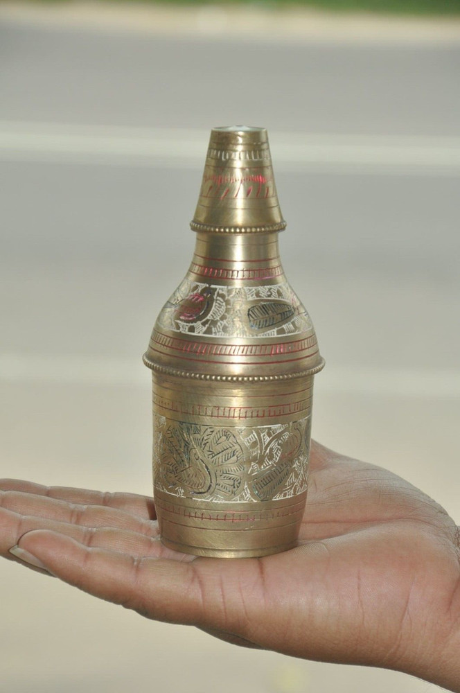 Vintage Unique Shape Brass Handcrafted Lacquer Work Powder Bottle