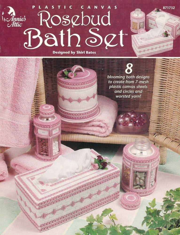 NEW PLASTIC CANVAS ROSEBUD BATH SET 8 WONDERFUL DESIGNS