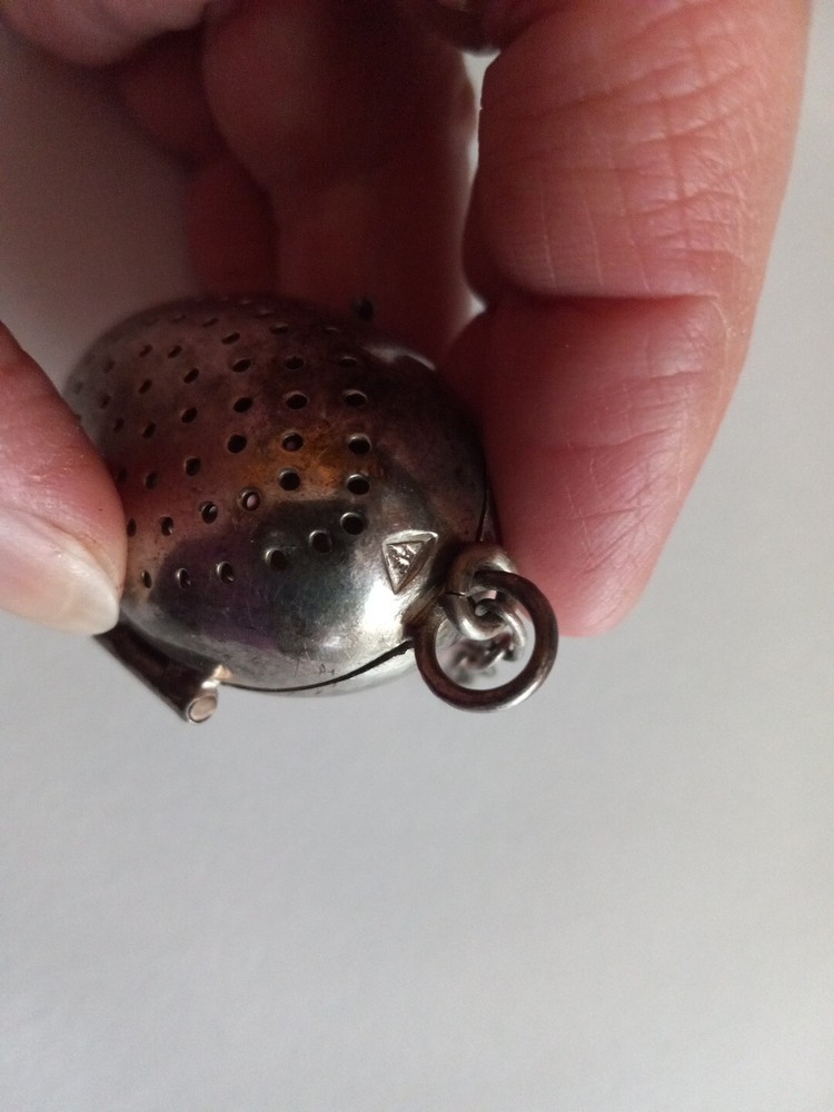 Antique Signed Silver Tea Strainer stamped AEC. Old egg shaped quality